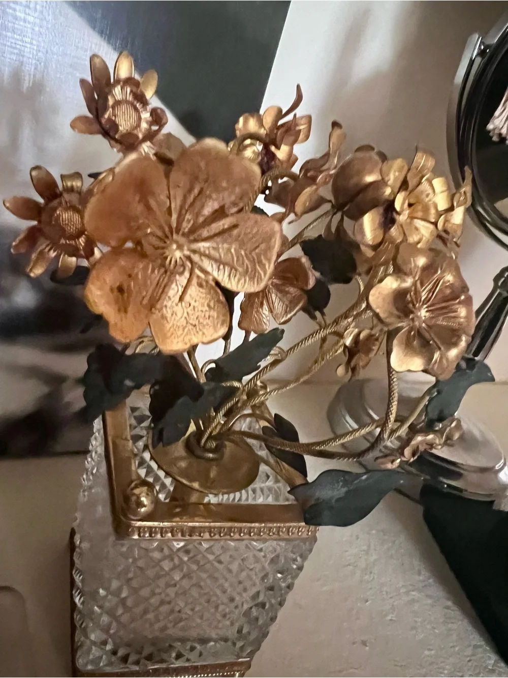 vintage Baccarat Style like French Crystal Gilt & Patinated Bronze Floral